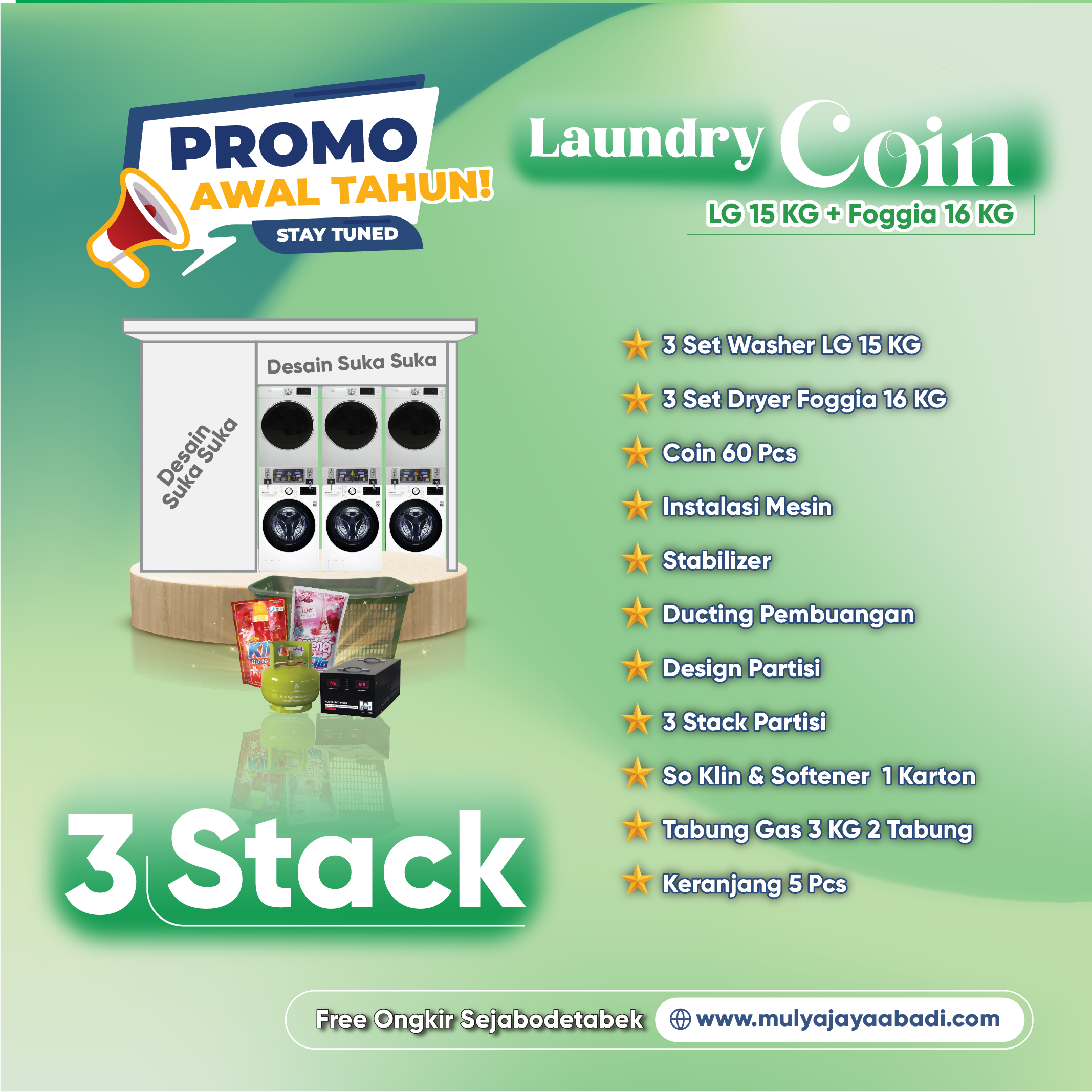 Paket Laundry Coin - LG 15 + Foggia - 3 Stack - Paket Komplit - Mulya Jaya Abadi